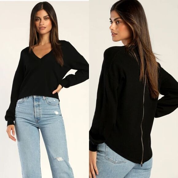 Lulus Zip to My Lou Black V-Neck Sweater Top Size Small - Picture 1 of 14